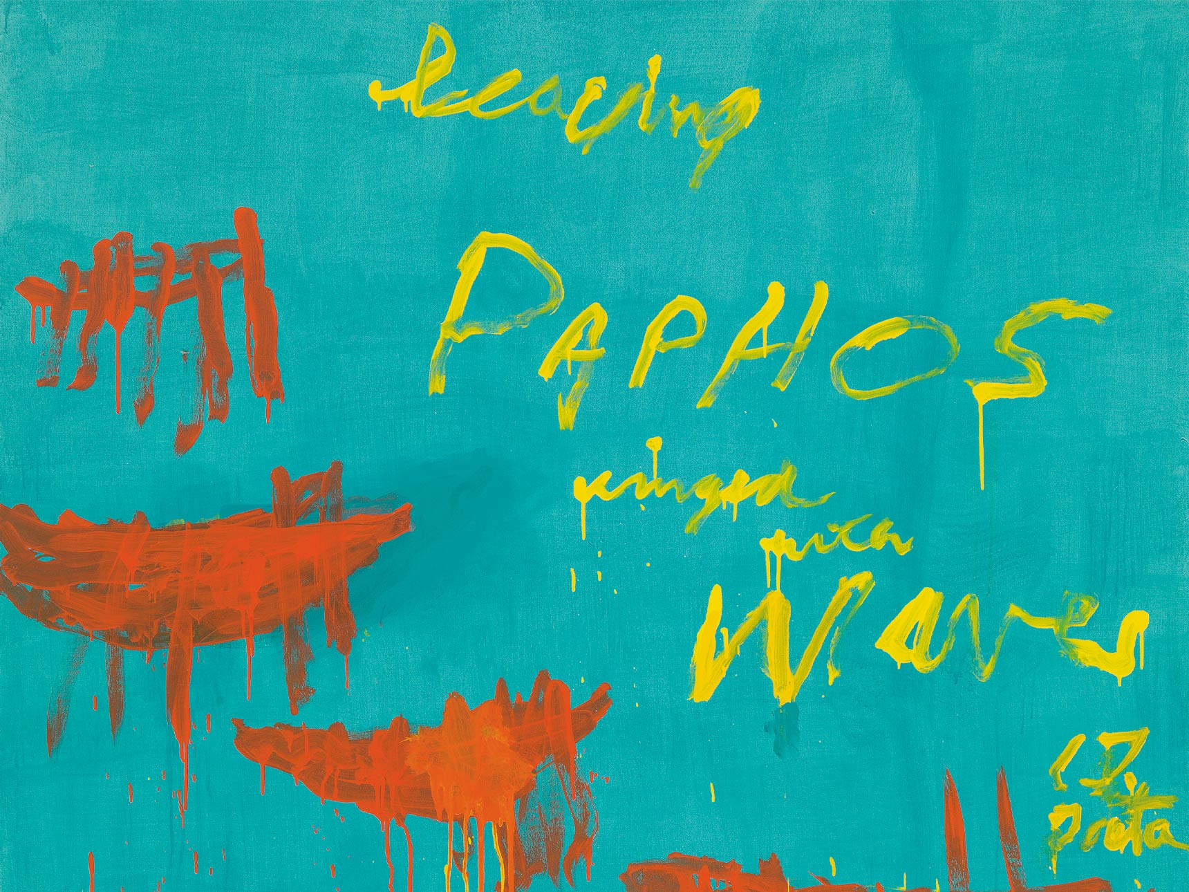 A bright blue painting with orange details and the words 'Leaving Paphos Ringed with Waves' in yellow.