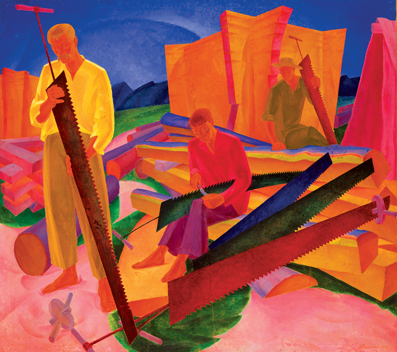 A colorful, slightly abstracted scene showing two men leveling saws.