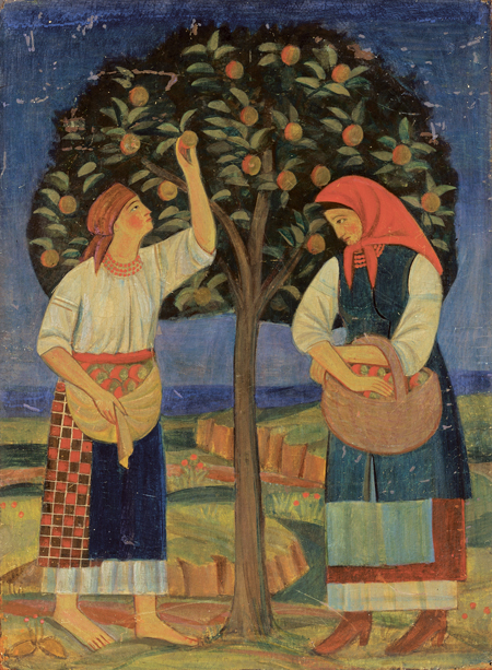 Two women pick apples from a tree.