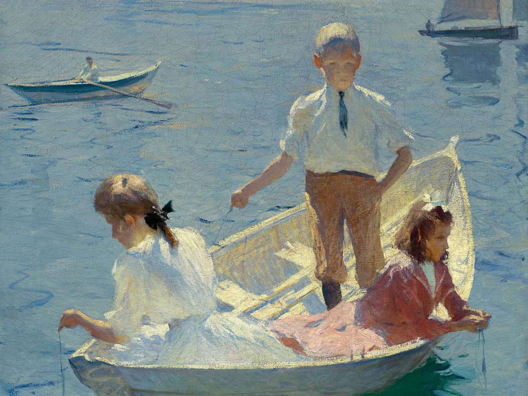 Painting of two girls and a boy fishing in a boat