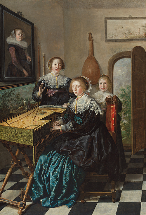 Three figures around a virginal (keyboard)