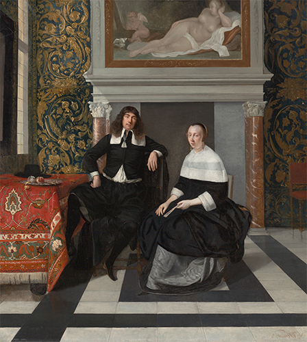 A 17th-century man and woman in formal dress sit in front of a fireplace in an ornate room.