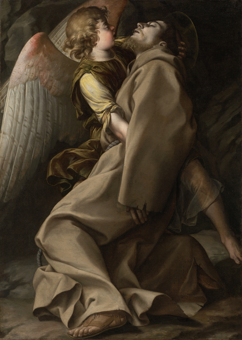 A weakened, fainting St. Francis is supported by an angel. 