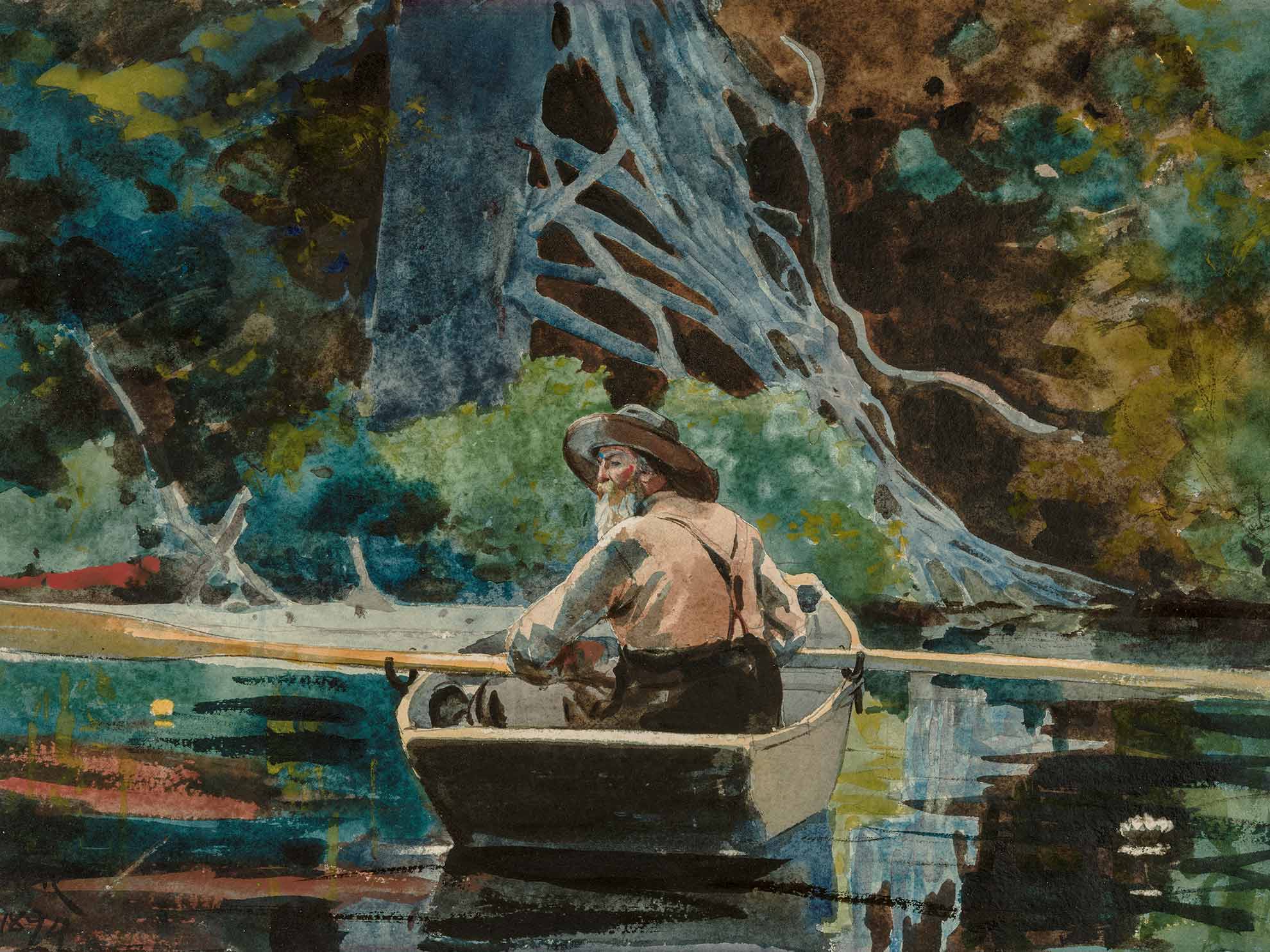 A watercolor painting of a man piloting a small rowboat in a shadowy, wooded area.