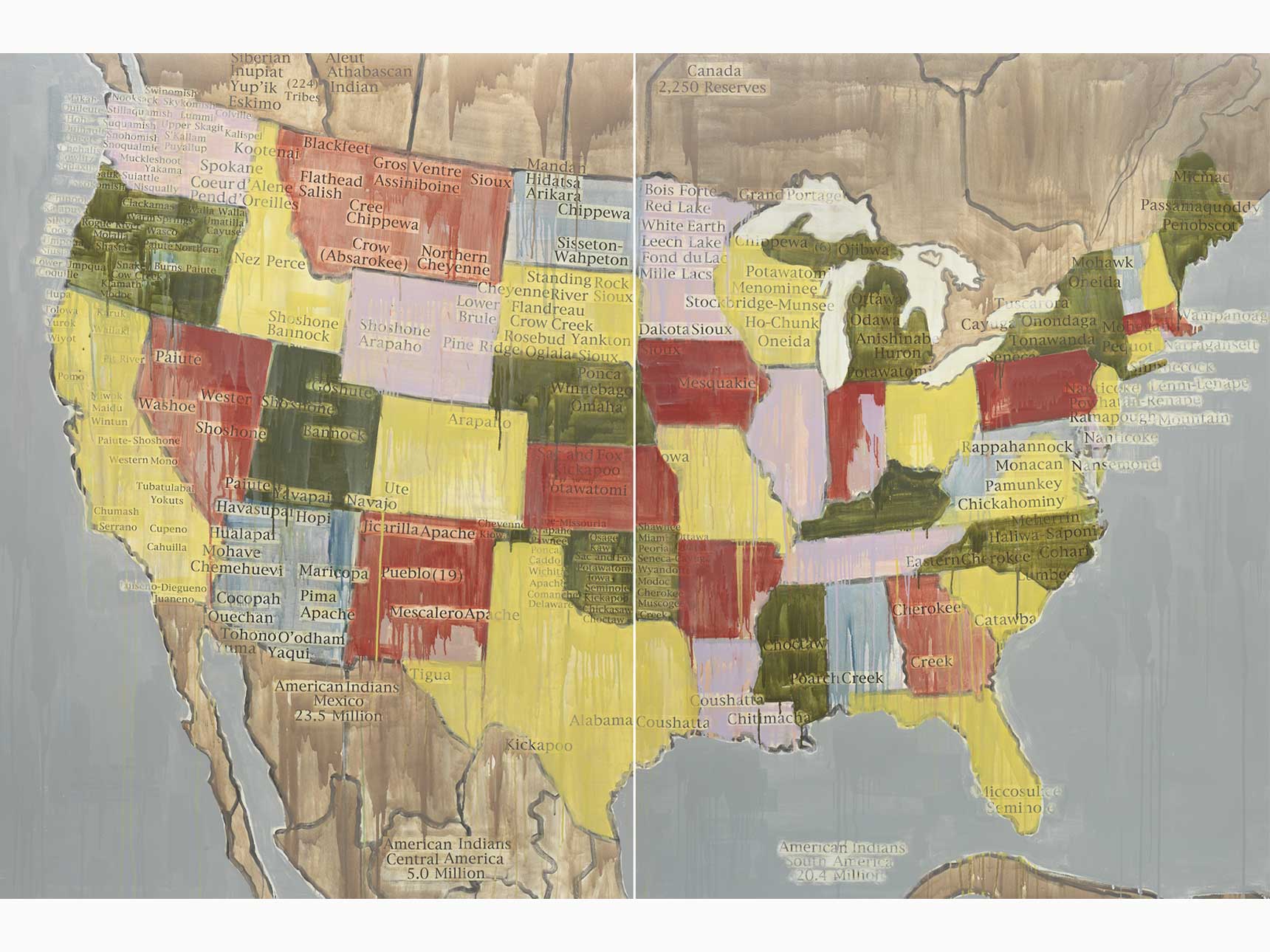 A two panel painted map of the United States collaged with the names of Native American tribes throughout the country.