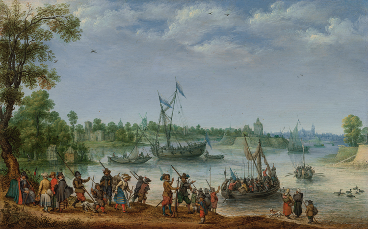 Small figures dressed in Pilgrim clothing and holding various items--weapons, food, containers--stand on a shore and watch as ships full of people sail off into the distance.