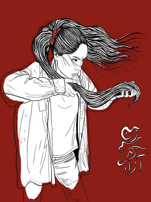 Against a dark red backdrop, a woman holds her ponytail like a gun.