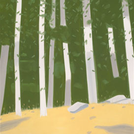 Detail of painting depicting tall white tree trucks with lush green foliage