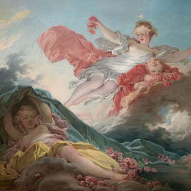 Detail of pastel-colored painting depicting angels floating above sleeping young woman