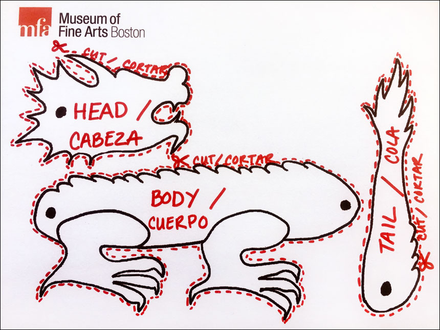 template for dragon puppet with dragon head, body, and tail labeled