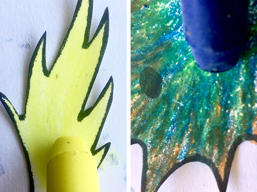 Coloring in dragon body parts with markers of a variety of colors