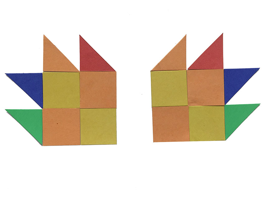 pattern of squares and triangles arranged to resemble bear paw, with squares forming palm and triangles forming claws