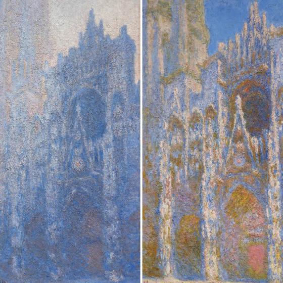 Near-identical views of the Rouen Cathedral facade: on the left, the image is cool, gray, and slightly foggy; on the right, the facade is radiant and sunny.