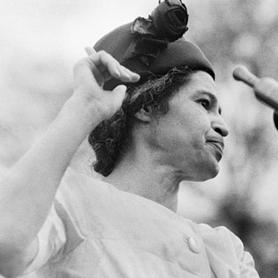 Rosa Parks stands at a group of microphones and gives a speech.
