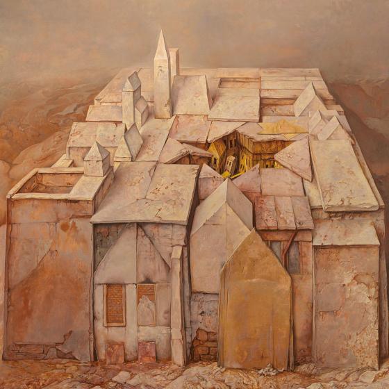 A cluster of dilapidated, windowless, stone buildings with a hole in the roof in the shape of the Star of David. 