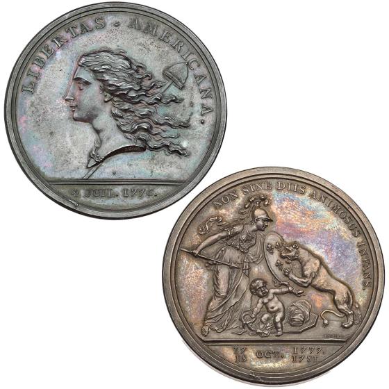 The obverse and reverse of a coin. Obverse: a woman in profile with flowing wavy hair. Reverse: an armed woman fights a leopard while a baby fends off two snakes.