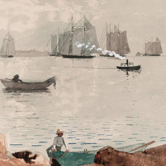Beyond a boy sitting on a red rocky cliff, schooners sail into a calm harbor.