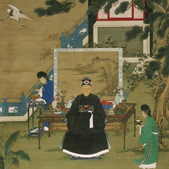 detail of scroll portrait of older woman sitting in garden wearing black rode, attended to by servants carrying ceramic cups; cranes and deer abound amidst plants in garden