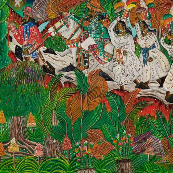 Detail of a vibrantly colored scene with figures in white clothing surrounded by tropical foliage.