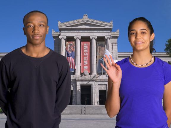Still from Your Visit to the MFA video, featuring two teens with Museum facade in background