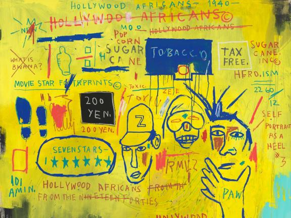 yellow and blue painting inspired by graffiti by Jean-Michel Basquiat made with acrylic and oil paintstick on canvas