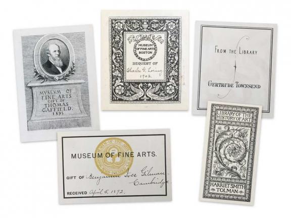 Arrangement of old bookplates from the MFA library collection