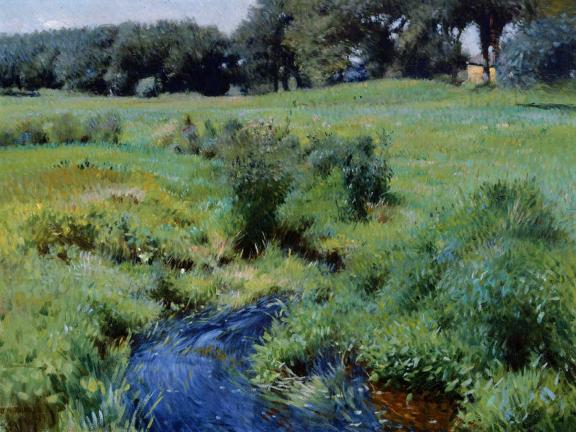 painting of a small stream through a grassy field