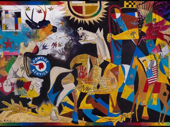 mixed media piece depicting battle