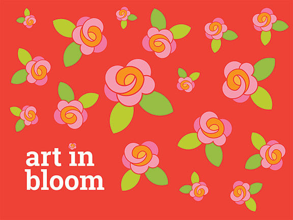 Graphic for Art in Bloom program, red background with pink roses