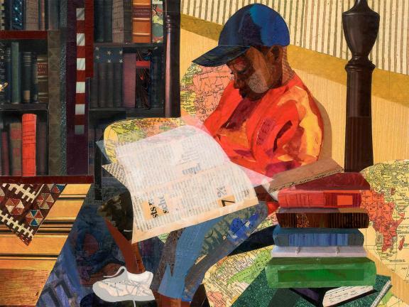 Collage of a seated young boy wearing a cap and reading a book.