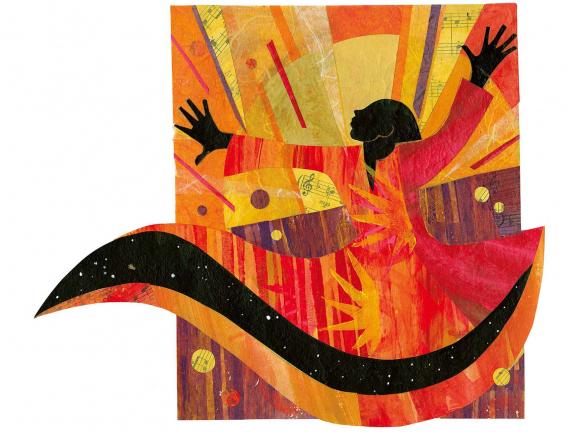 A collage depicting a woman with arms raised, wearing a bright orange and red dress dances against a brightly lit backdrop