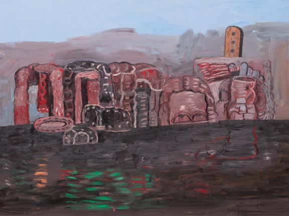 painting depicting heavily abstracted structures on horizon; sea in foreground