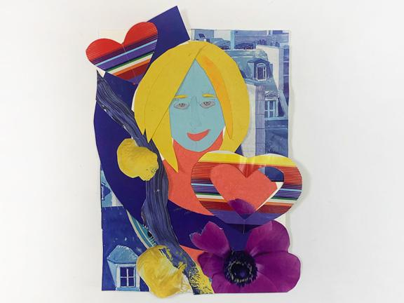 Mixed media portrait featuring a person's head, a patterned heart, images of rooftops, and a purple flower