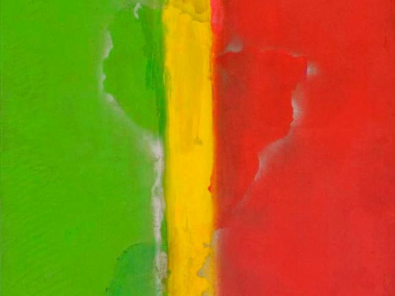 Green, yellow, and red vertical bars with a thin white outline of the continent of South America overlaid in white.