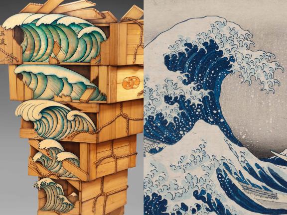 Left: Five stacked wooden boxes with images of waves on the front--the largest one sits on top and each successive one getting progressively smaller; Right: a bright blue tidal wave crests on choppy waters with a mountainscape in the distance.