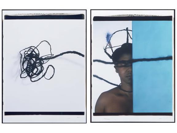 diptych of two Polaroid photographs with partial headshot of woman on left and coils of black hair running across prints
