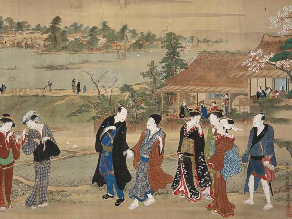 Japanese print depicting people strolling outside, with house and bay in background