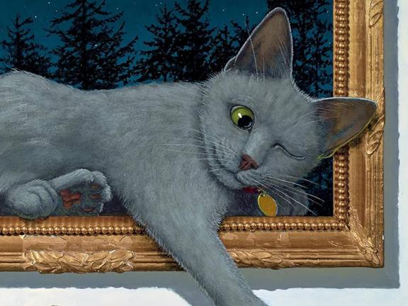 Detail of a children's book cover showing a winking gray cat perched on a framed artwork 