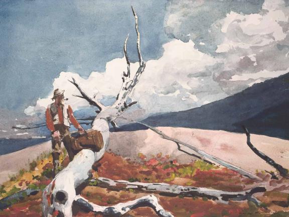 A man stands beside a fallen tree branch on a mountaintop.