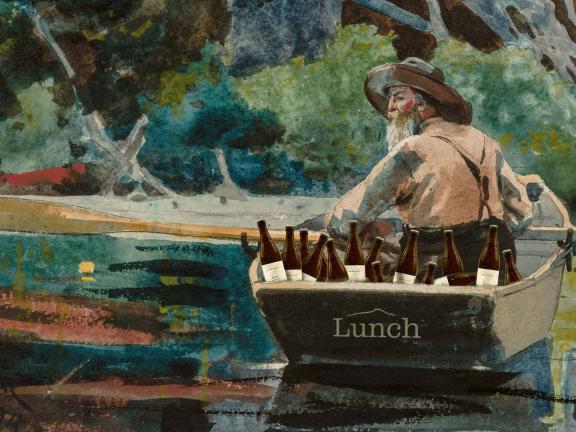 A man with a beard rows a boat full of beers.  The backside of the boat says "Lunch."