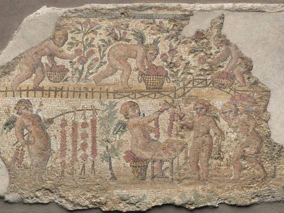 Fine stone and glass tesserae on terracotta panel