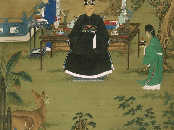 scroll portrait of older woman sitting in garden wearing black rode, attended to by servants carrying ceramic cups; cranes and deer abound amidst plants in garden