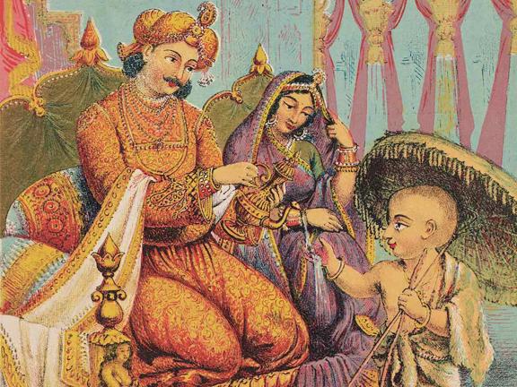 Detail of Hindu lithograph depicting Vishnu as dwarf in front of seated king and queen