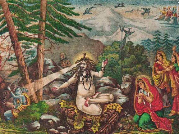 Detail of lithograph depicting meditating Shiva turning to Kamadeva, who is hiding behind bush, and incinerating Kamadeva with ray from third eye