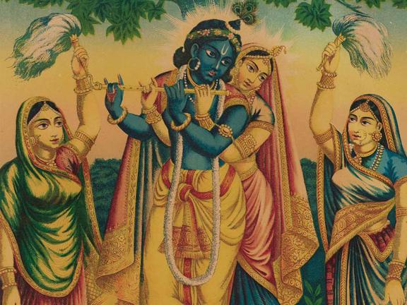 Detail of lithograph depicting Radha embracing Krishna who is playing a flute