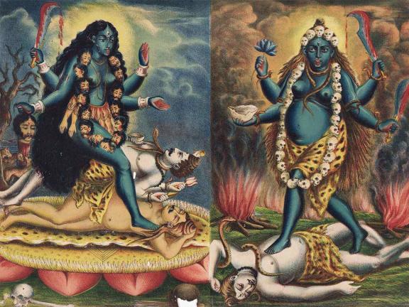 Lithograph depicting multi-armed goddess Kali on left, wearing garland of human heads stepping on human bodies, and Tara on left, pregnant and wearing garland of human skulls