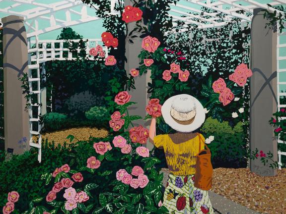 painting featuring a vibrant, stylized Southern California outdoor scene