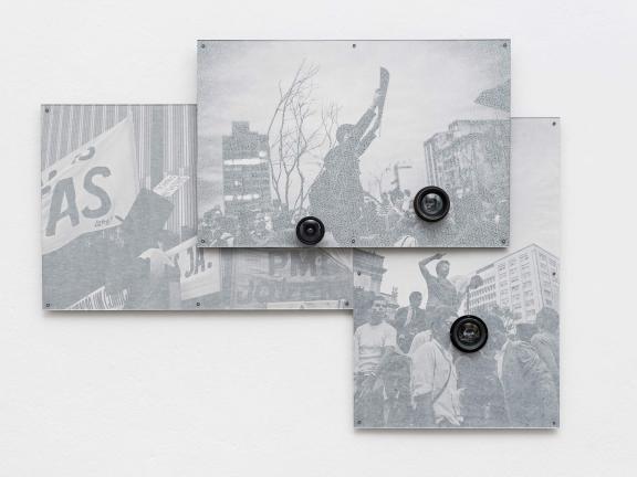 Three inkjet prints, silk paper, Plexiglas, bolts and old lenses