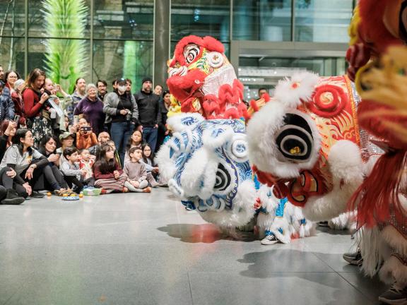 Row of lion dancers performing at Shapiro Family Courtyard with throng of spectators watching