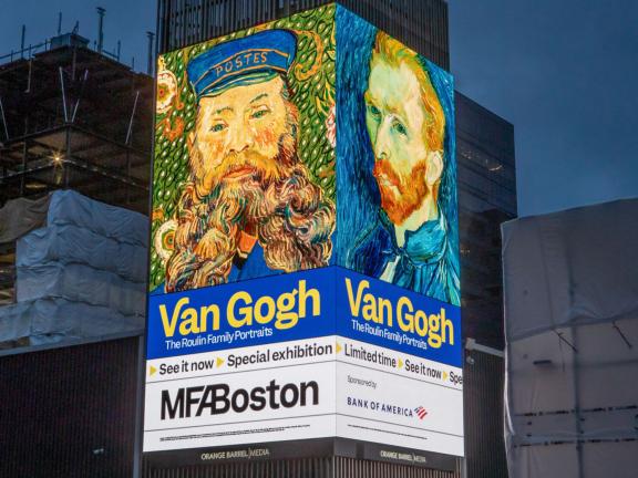 A digital billboard in Boston's Seaport District promoting Van Gogh exhibition